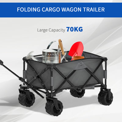 Outsunny Outdoor Pull Along Cart Folding Cargo Wagon Trailer Trolley for Beach Garden with Handle, Anti-Slip Wheel - Dark Grey 