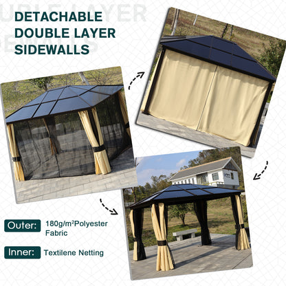 Outsunny 3 x 3.6m Polycarbonate Hardtop Gazebo with LED Solar Light and Aluminium Frame, Garden Pavilion with Mosquito Netting and Curtains 