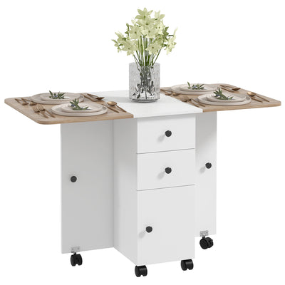 HOMCOM Multi-Storage Six-Person Drop Leaf Dining Table -  Oak and White 