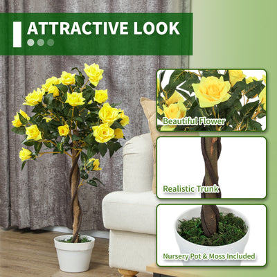 Outsunny Set of 2 Artificial Plants White Rose Floral in Pot, Fake Plants for Home Indoor Outdoor Decor, 90cm, Yellow 