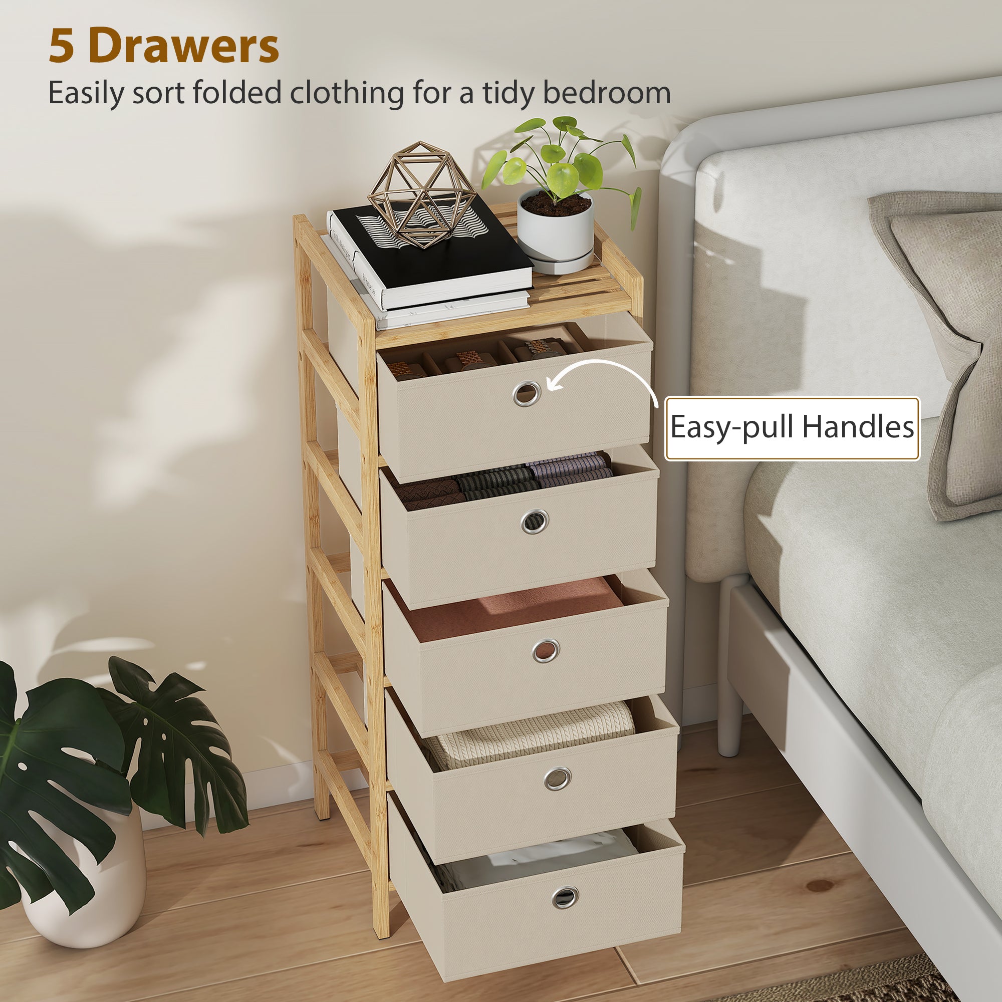 HOMCOM Chest of Drawers, 5 Fabric Drawers Narrow Dresser with Bamboo Frame, Cream White 