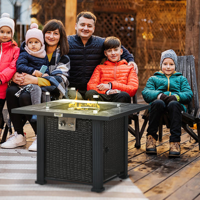 Outsunny Outdoor PE Rattan Gas Fire Pit Table, Patio Square Propane Heater with Marble Desktop, Rain Cover, Glass Windscreen, and Glass Stones, 50,000 BTU, Black 