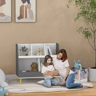 HOMCOM Two-Tier Kids Storage Shelf, with Five Compartments, Anti-Tip Device - Grey 