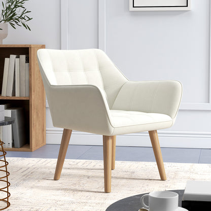 Set of 2 Accent Chair, Arm Chair with Slanted Back, Thick Padding and Rubber Wooden Legs for Living Room, Cream White