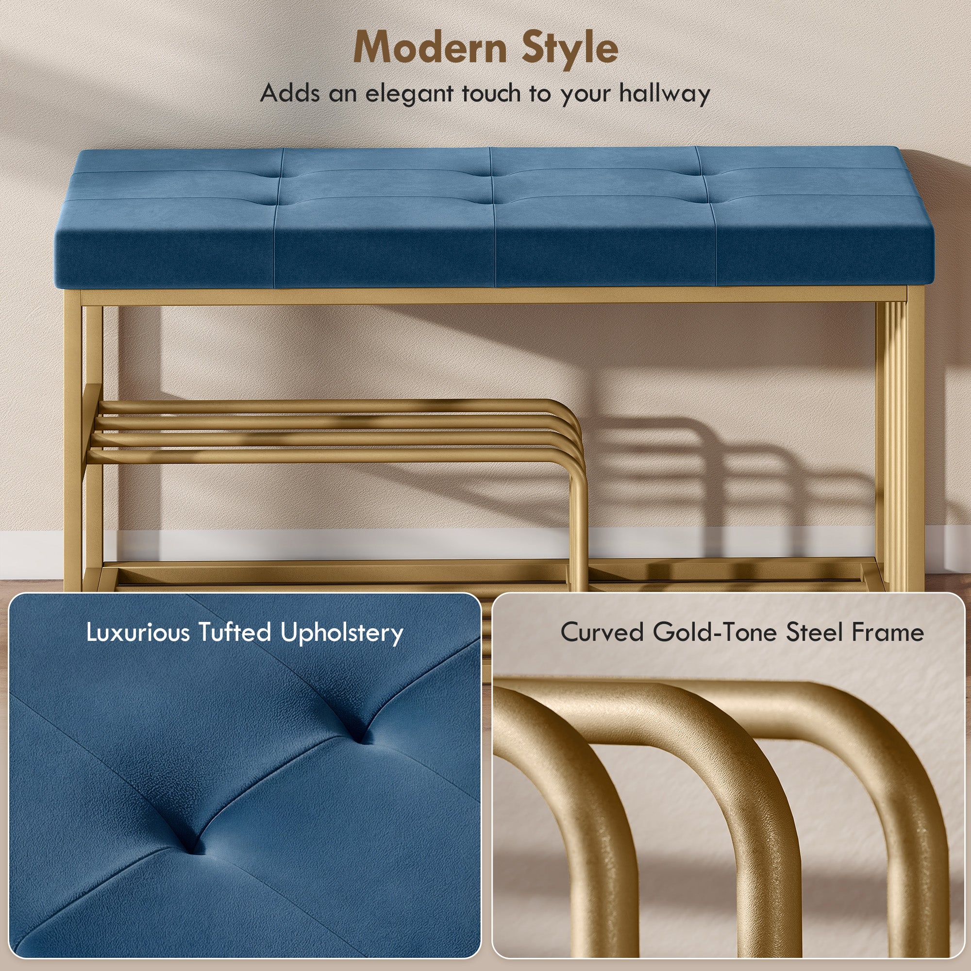 HOMCOM Bench and Shoe Storage, Tufted Shoe Storage Bench with Velvet Seat Cushion Gold Steel Frame for Entryway, Dark Blue 
