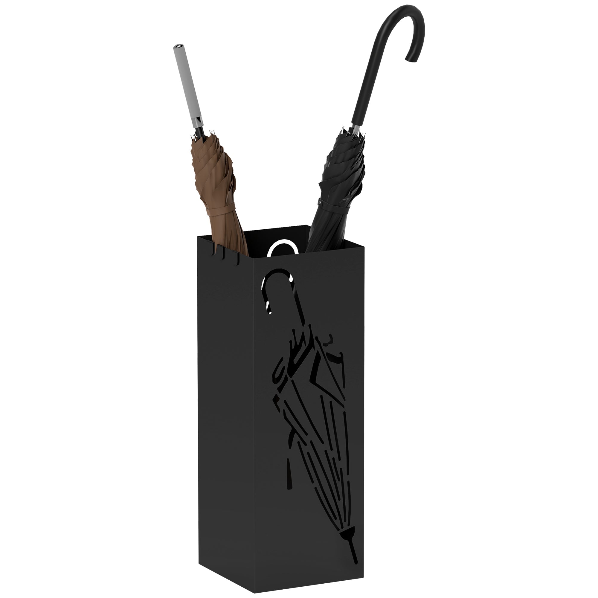 HOMCOM Metal Umbrella Stand, Square Umbrella Holder with 4 Hooks and Removable Drip Tray, Decorative Umbrella Storage Rack for Entryway, Hallway, 15.5 x 15.5 x 41 cm, Black 