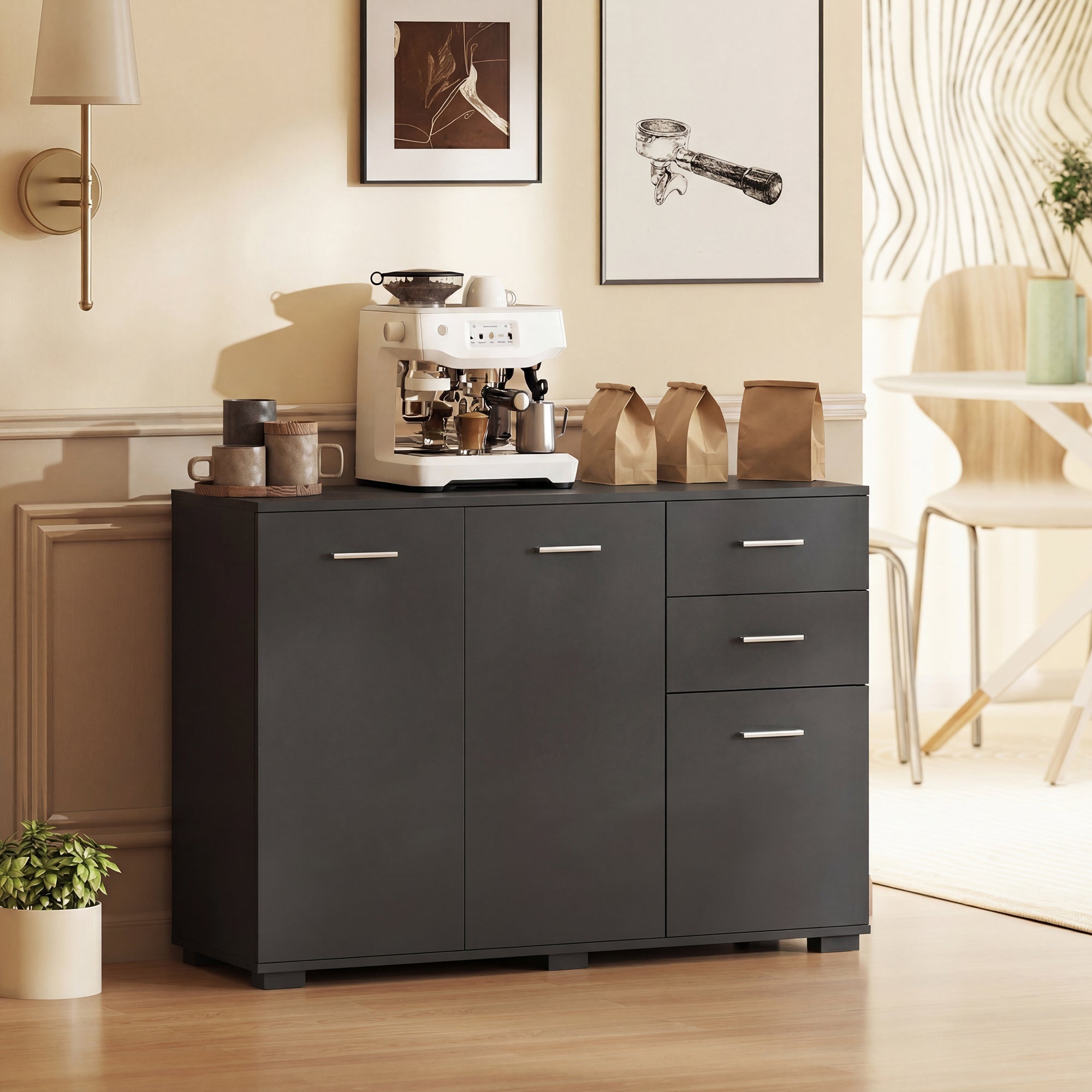 HOMCOM Sideboard, Modern Storage Cabinet with 2 Drawers, 3 Doors and Adjustable Shelves, Black 