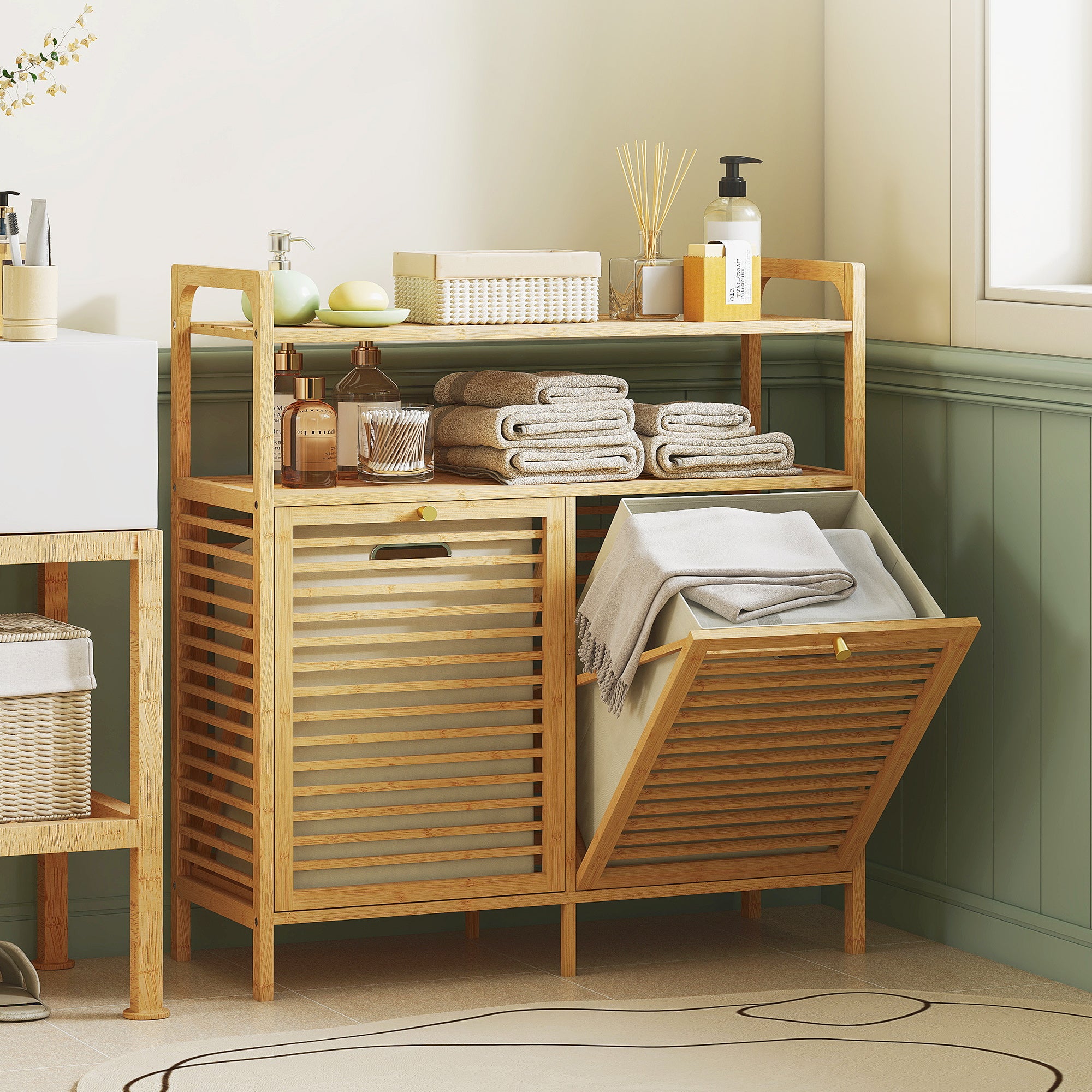 HOMCOM Double Tilt Out Bamboo Laundry Cabinet, Freestanding Bathroom Cabinet with 2 Removable Baskets, Natural 