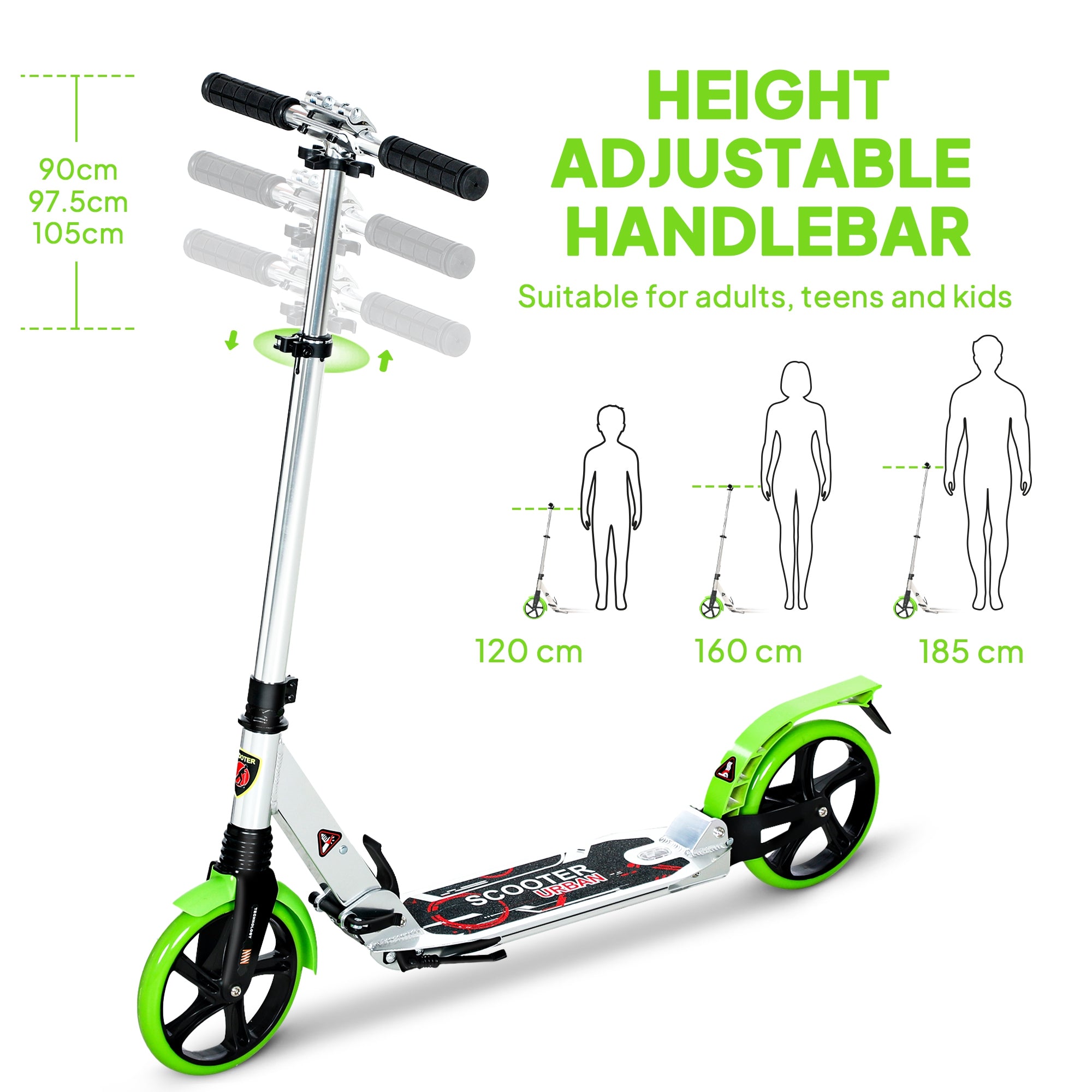 HOMCOM Folding Kick Scooter, Adjustable Ride On Scooter with 200mm Big Wheels and Double Shock Absorption, Urban Scooter for 14+ Teens Adult, Green