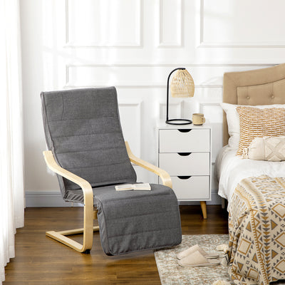 HOMCOM Wooden Lounging Chair Deck Relaxing Recliner Lounge Seat with Adjustable Footrest & Removable Cushion, Dark Grey 