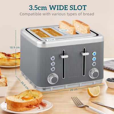 HOMCOM Electric Stainless Steel Kettle and Toaster Set, 3000W 1.7L UK Strix Thermostat Fast Boil Kettle w/ Limescale Filter, Cool Touch Body, 4 Slice Toaster with 7 Browning Levels, Crumb Tray, Grey 