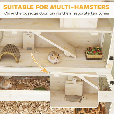 PawHut Wooden Hamster Cage with Hut, Wheel, Ramps, Removable Viewing Panels, 100 x 50 x 84 cm, Natural Wood