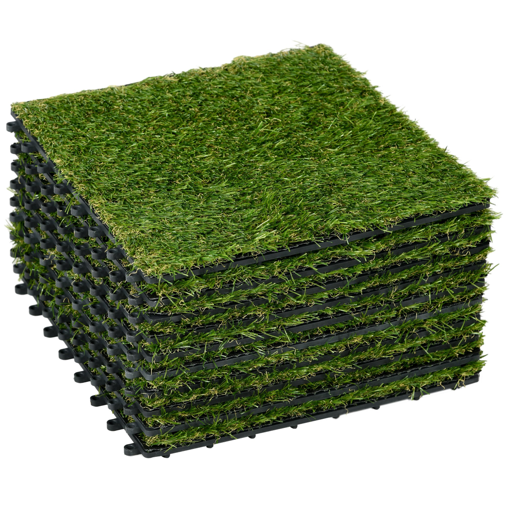Outsunny 10-Piece Artificial Grass Set, Weatherproof Turf Tiles, 25mm Pile Height, Outdoor Carpet for Garden, Balcony & Patio, 30 x 30cm, Dark Green 