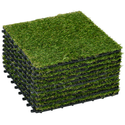 Outsunny 10-Piece Artificial Grass Set, Weatherproof Turf Tiles, 25mm Pile Height, Outdoor Carpet for Garden, Balcony & Patio, 30 x 30cm, Dark Green 
