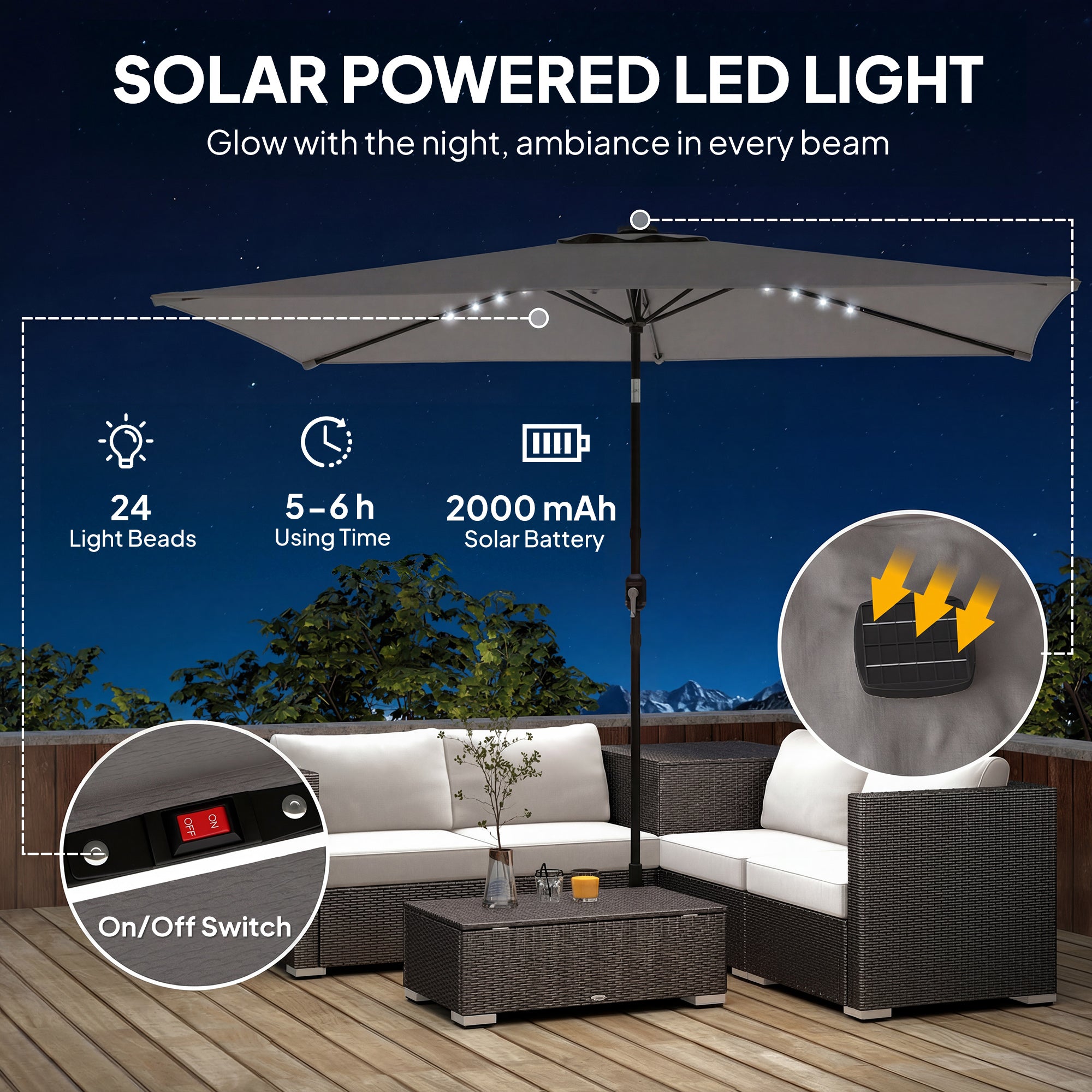 Outsunny 3 x 2 m Garden Parasol Umbrella with LED Solar Light, Parasol Cover, Outdoor Market Patio Umbrella, Dark Grey 