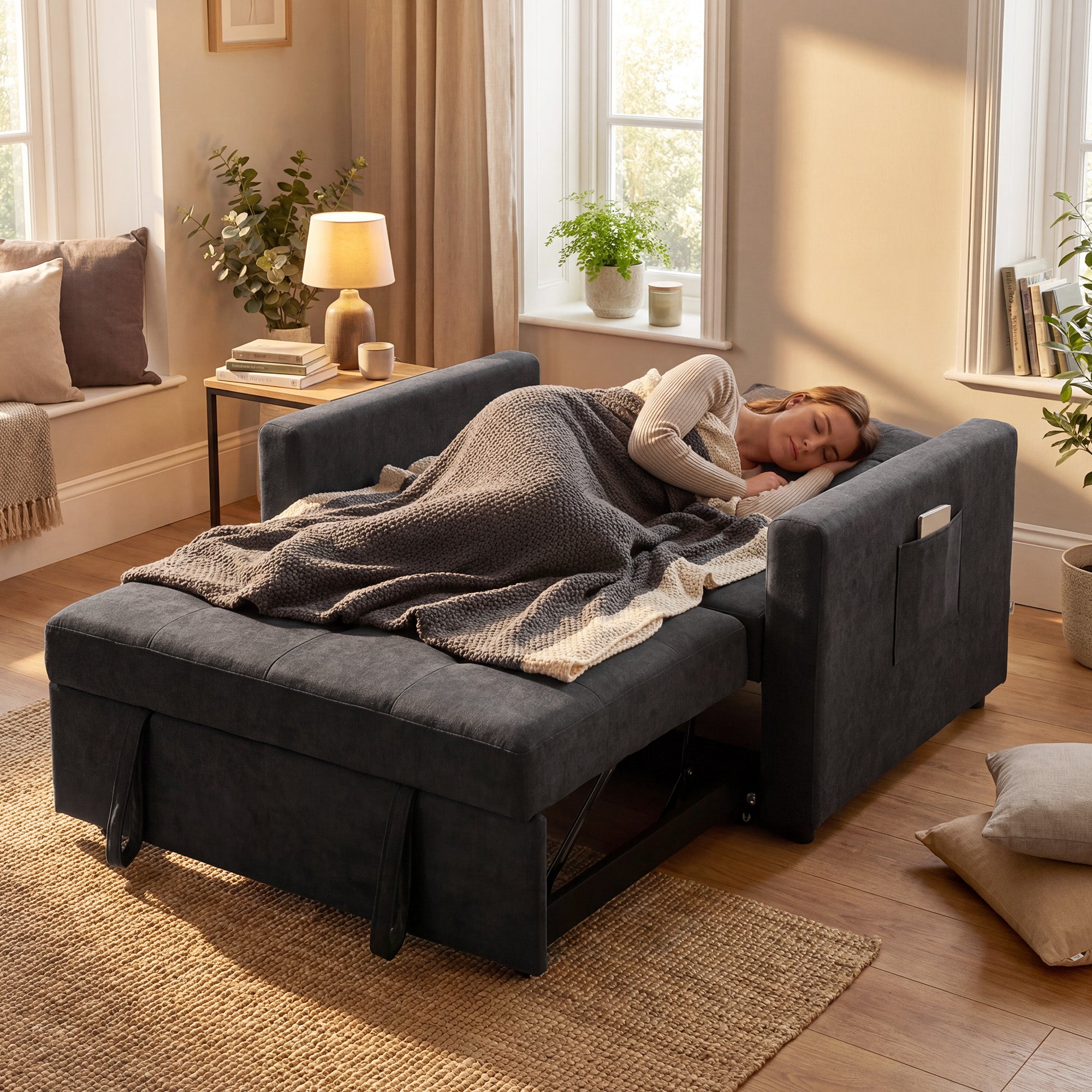 HOMCOM Loveseat Sofa Bed, Convertible Bed Settee with 2 Pillows, Side Pockets, Black 