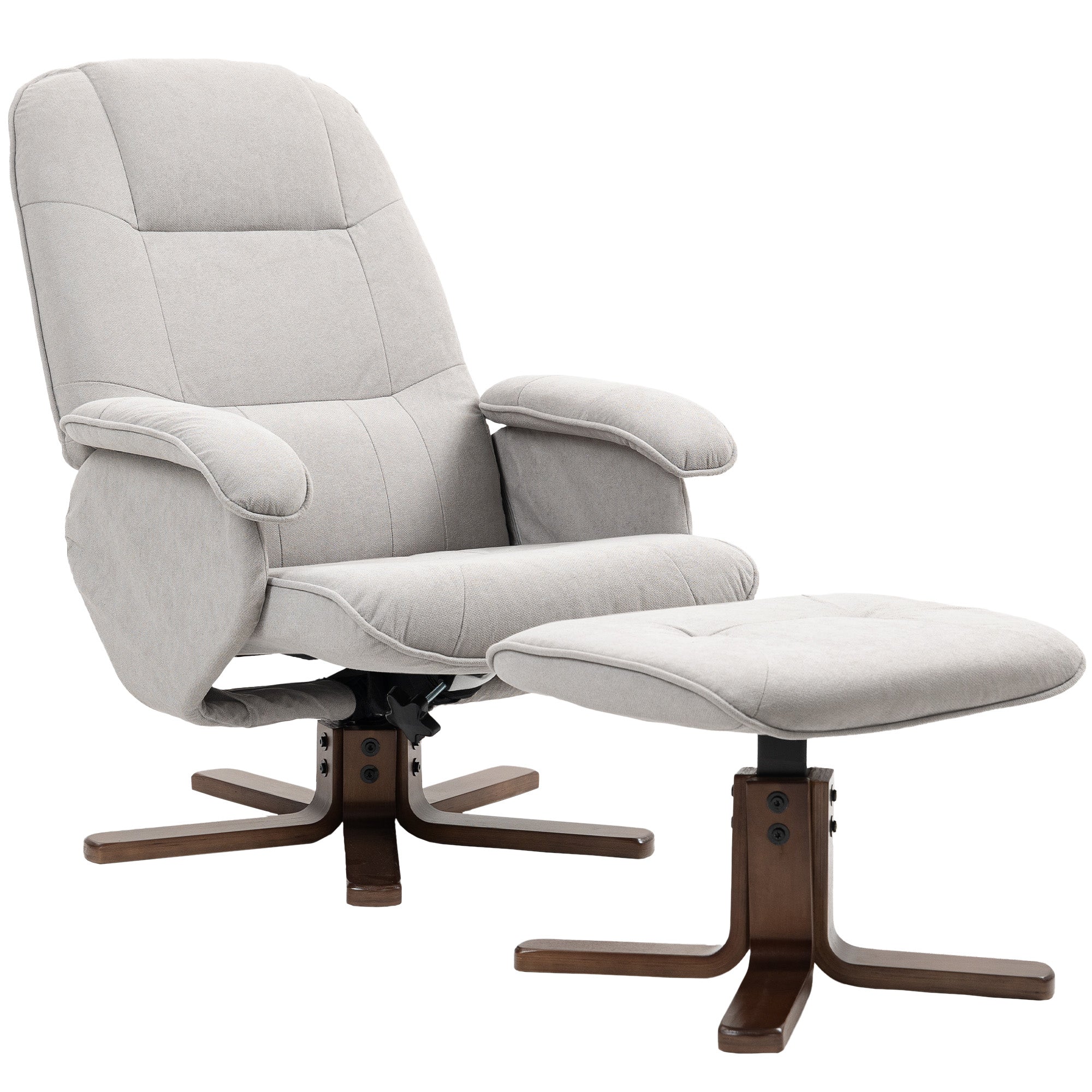 HOMCOM Linen Swivel Recliner Chair with Footstool, Upholstered Reclining Armchair with Wooden Base for Living Room, Light Grey 
