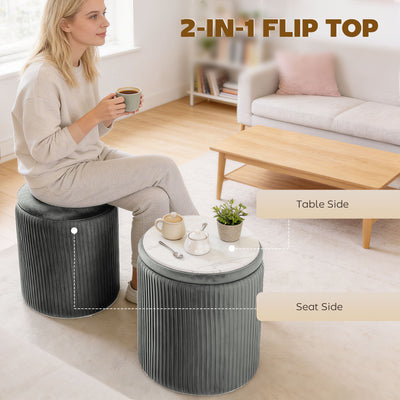 HOMCOM Storage Ottoman Modern Velvet Round Foot Stool for Living Room Bedroom 45 cm Grey 