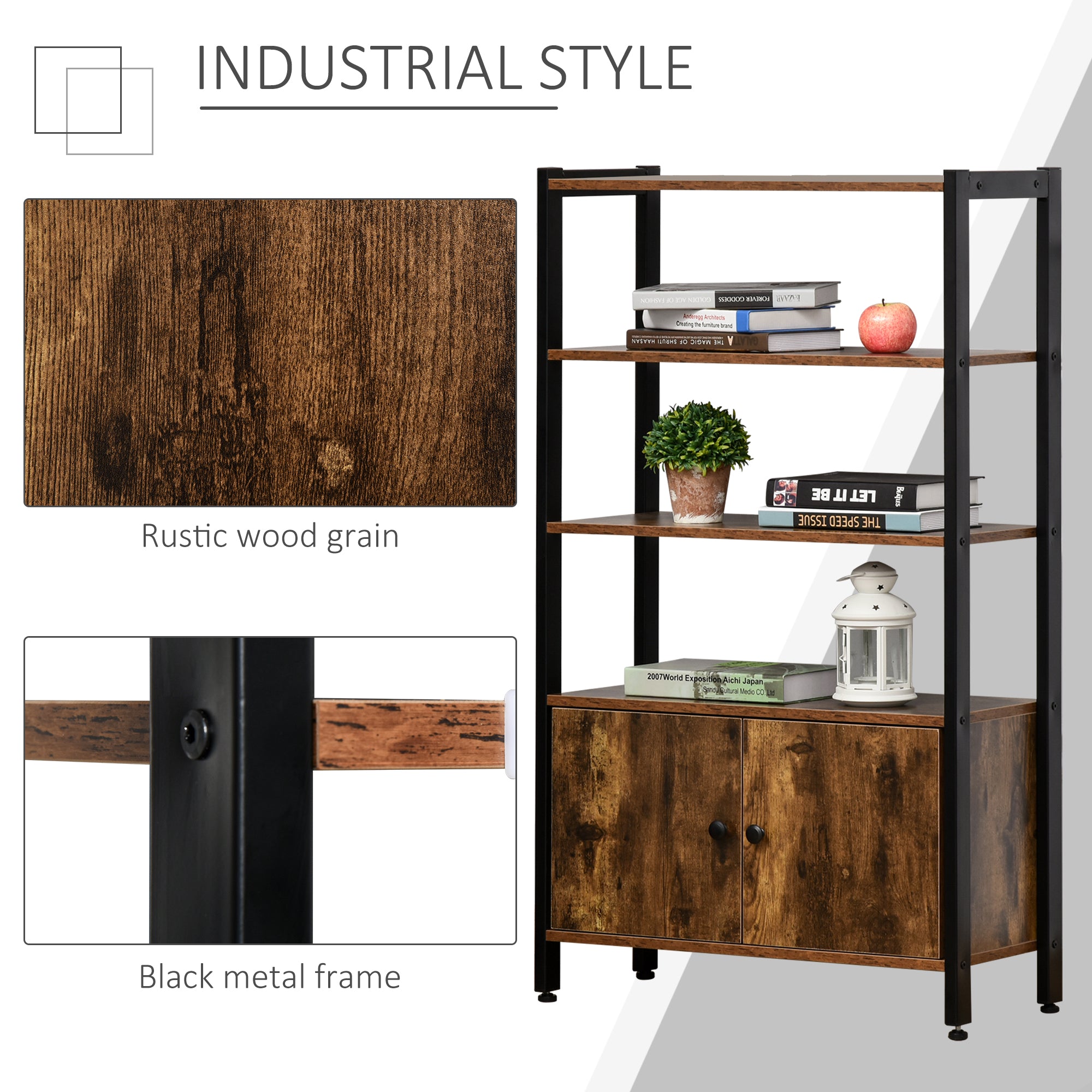 HOMCOM Industrial Bookshelf, Storage Cabinet with 3-Tier with Doors, for Home Office, Living Room Rustic Brown 