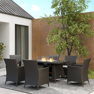 Outsunny 7 Pieces Outdoor Rattan Garden Furniture with Fire Pit Table, 6 Seater Garden Table and Chairs with Cushions, Rattan Dining Set with Propane Heater Table, Windscreen, 50,000 BTU, Black 