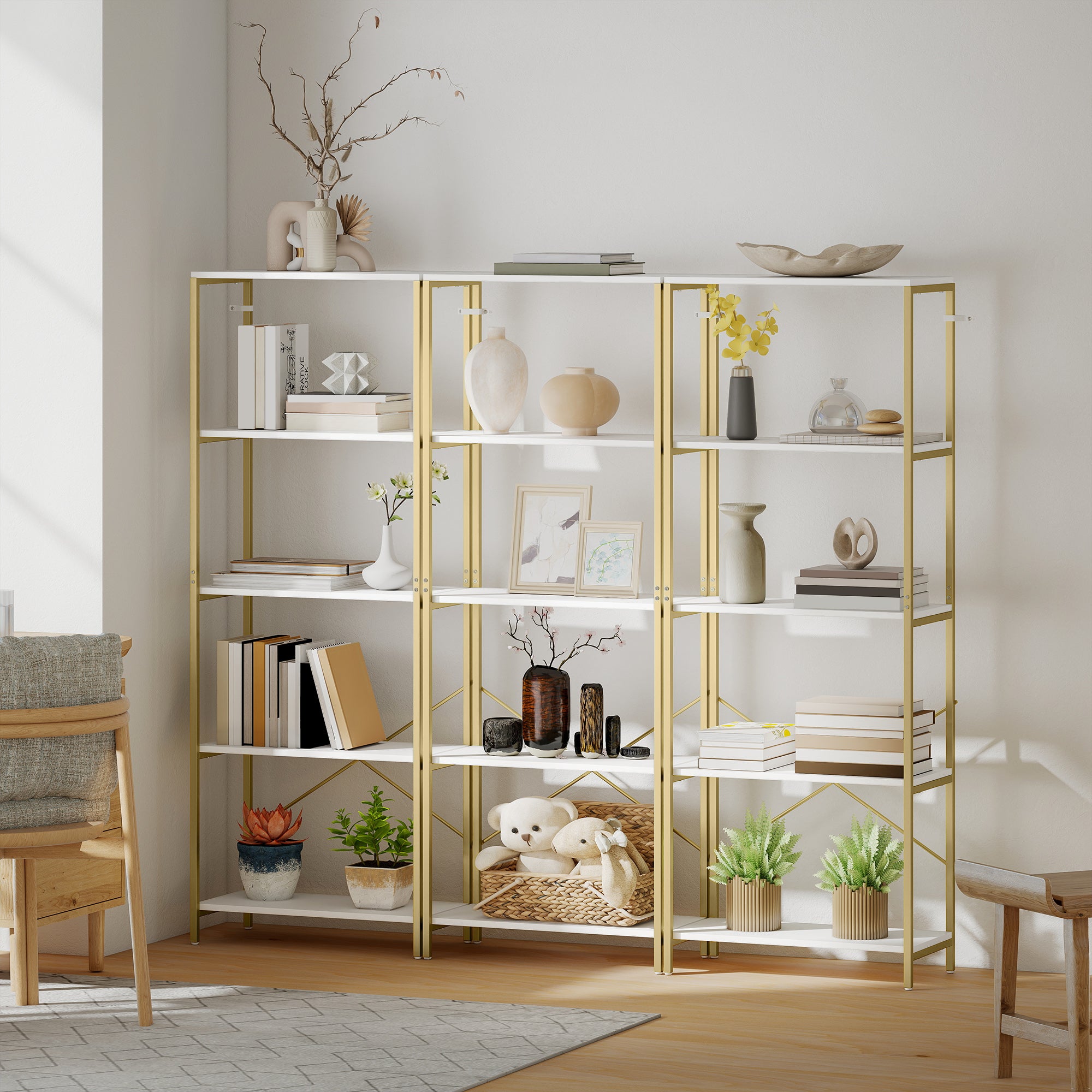 HOMCOM 5-Tier Bookshelf, Modern Bookcase with Metal Frame - White and Gold Tone 