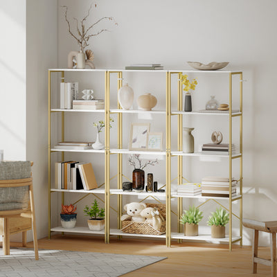 HOMCOM 5-Tier Bookshelf, Modern Bookcase with Metal Frame - White and Gold Tone 