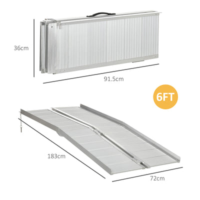 HOMCOM Textured Aluminum Folding Wheelchair Ramp, 183 x 72 cm Portable Threshold Ramp, for Scooter Steps Home Stairs Doorways 