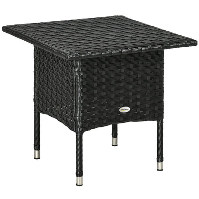Outsunny Rattan Side Table, Outdoor Coffee Table with Plastic Board Under the Full Woven Table Top for Patio, Garden, Balcony, Black 