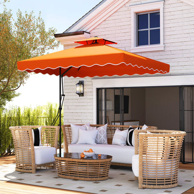 Outsunny 2.5m Cantilever Parasol with Easy Lever, Square Double Top Garden Parasol Umbrella with Ruffles and Cross Base, Overhanging Outdoor Sun Shades, Orange 