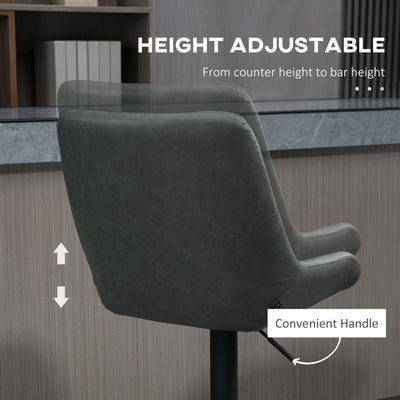 HOMCOM Retro Bar Stools Set of 2, Adjustable Kitchen Stool, Upholstered Bar Chairs with Back, Swivel Seat, Dark Grey 