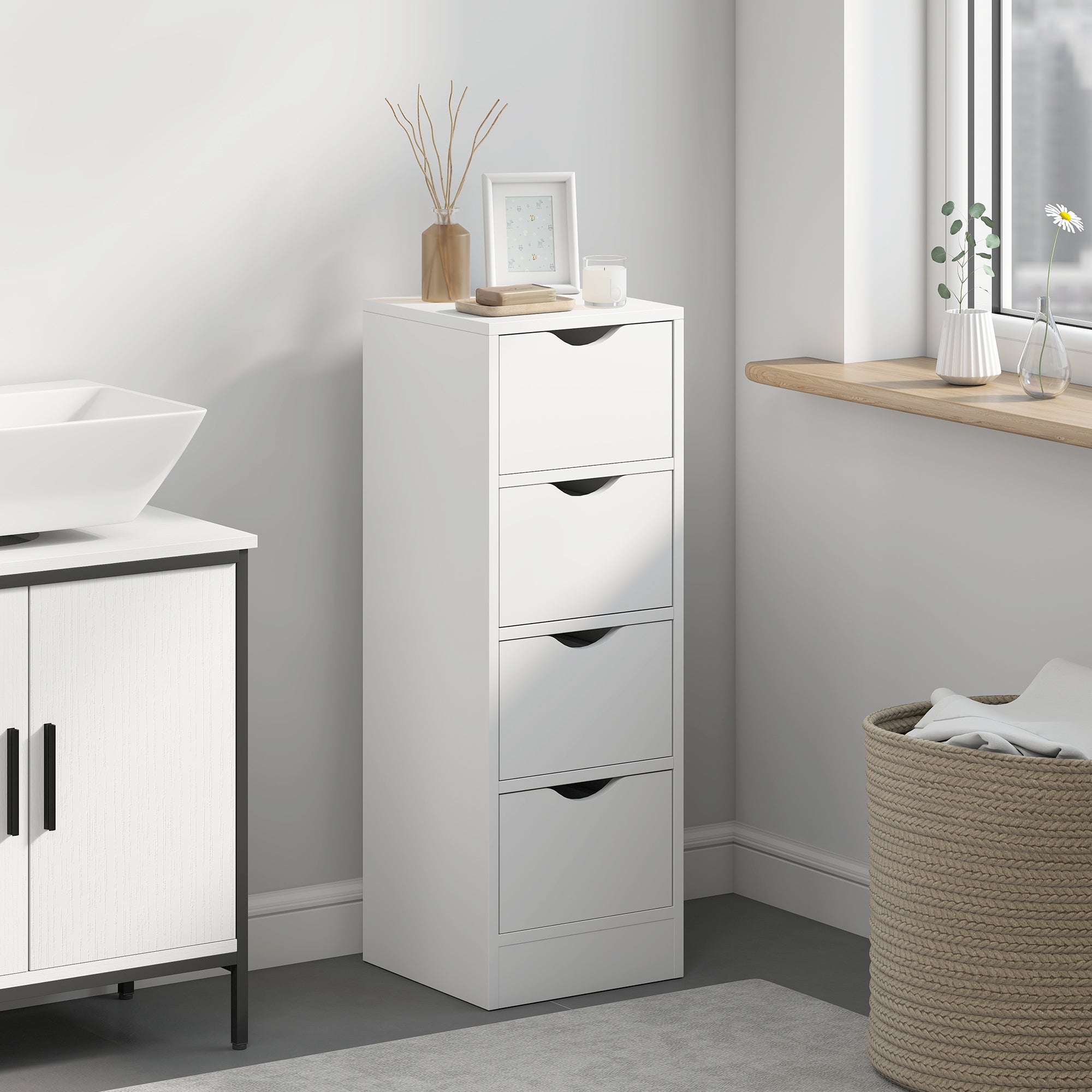 HOMCOM 4-Drawer Bathroom Cabinet, Freestanding Narrow Storage Cabinet with Groove Handles for Small Spaces, White 