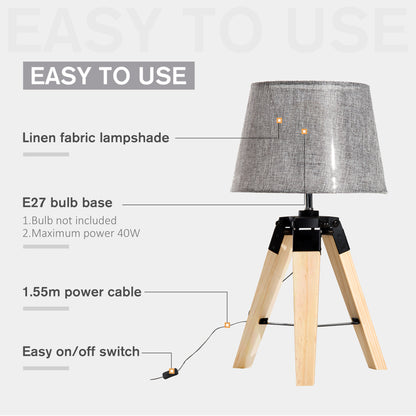 HOMCOM Wooden Tripod Table Lamp for Side, Desk or End Table with E27 Bulb Base（Grey Shade） 