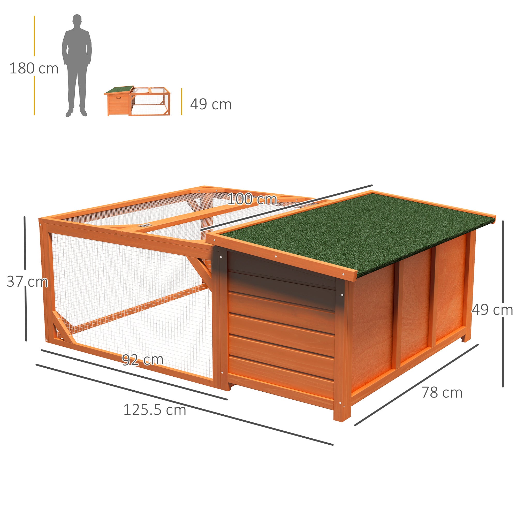 PawHut Rabbit Hutch Outdoor Guinea Pig Hutch with Run Small Animal Off-ground Duck House Hideaway Backyard with Openable Roof 125.5 x 100 x 49cm Orange 