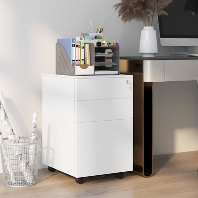 Vinsetto 3-Drawer Vertical Filing Cabinet with Pencil Tray, Lock and 5 Wheels, Steel Mobile File Cabinet, for A4, Legal and Letter Size, Pre-Assembled Body, White 