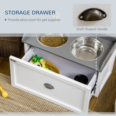 PawHut Stainless Steel Raised Dog Bowls, with 21L Storage Drawer for Large Dogs and Cats - White 