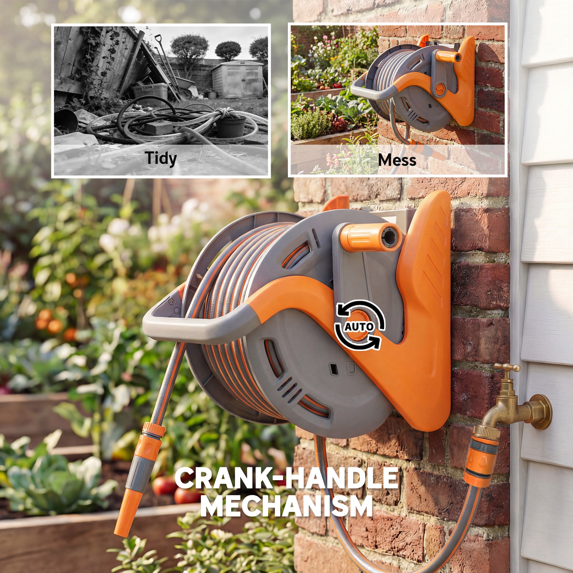 Outsunny Portable Garden Hose Reel, 20+2 m Wall Mounted Hose Reel with 2 Patterns Spray Nozzle and Crank Handle, Orange 
