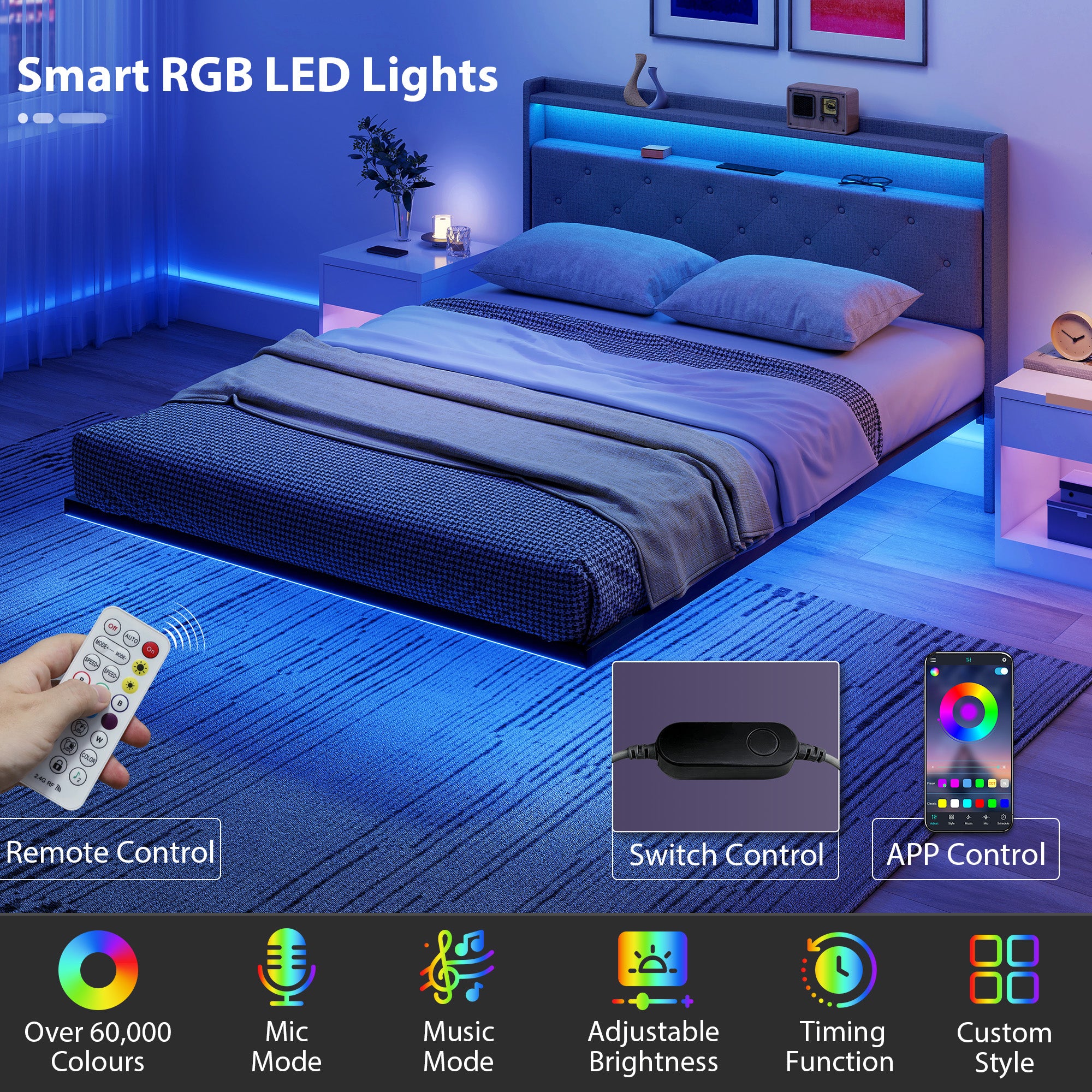 HOMCOM Floating Bed Frame, Upholstered 5ft King Size Bed, Platform Bed with RGB LED Lights and Charging Station, Grey 
