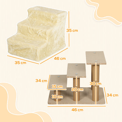 PawHut Three-Step Dog Stairs, with Washable Plush Cover, for High Bed Sofa, Dog Stairs for Small Dog and Cat - Beige 