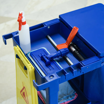HOMCOM Janitor Cleaning Trolley, with Bin, Shelves and Hooks - Blue 