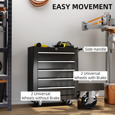 HOMCOM 5-Drawer Tool Chest with Wheels, Steel Lockable Tool Storage Cabinet with Handle, 2 Keys for Garage, Workshop, Black 
