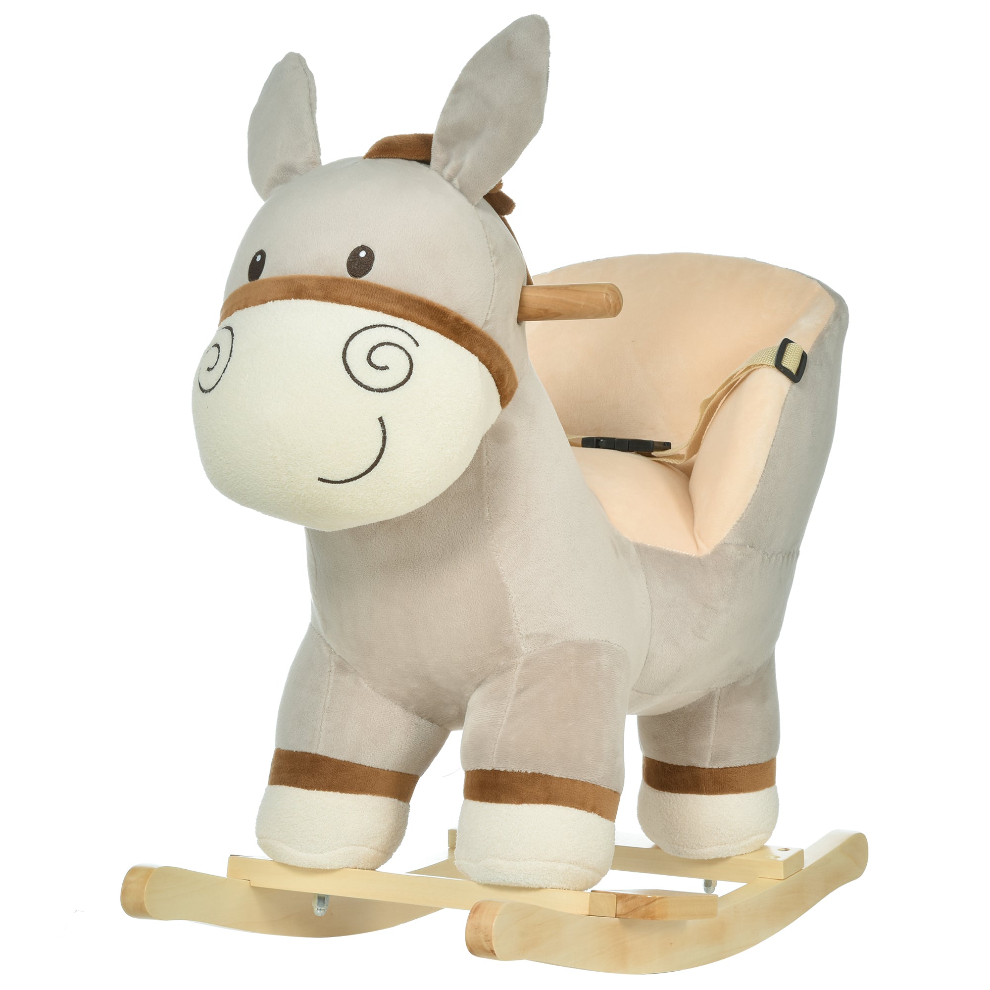 HOMCOM Kids Children Rocking Horse Plush Ride On Donkey Seat w/ Sound Wood Base Seat Safety Belt Toddler Baby Toy Rocker Grey 18 - 36 Months 