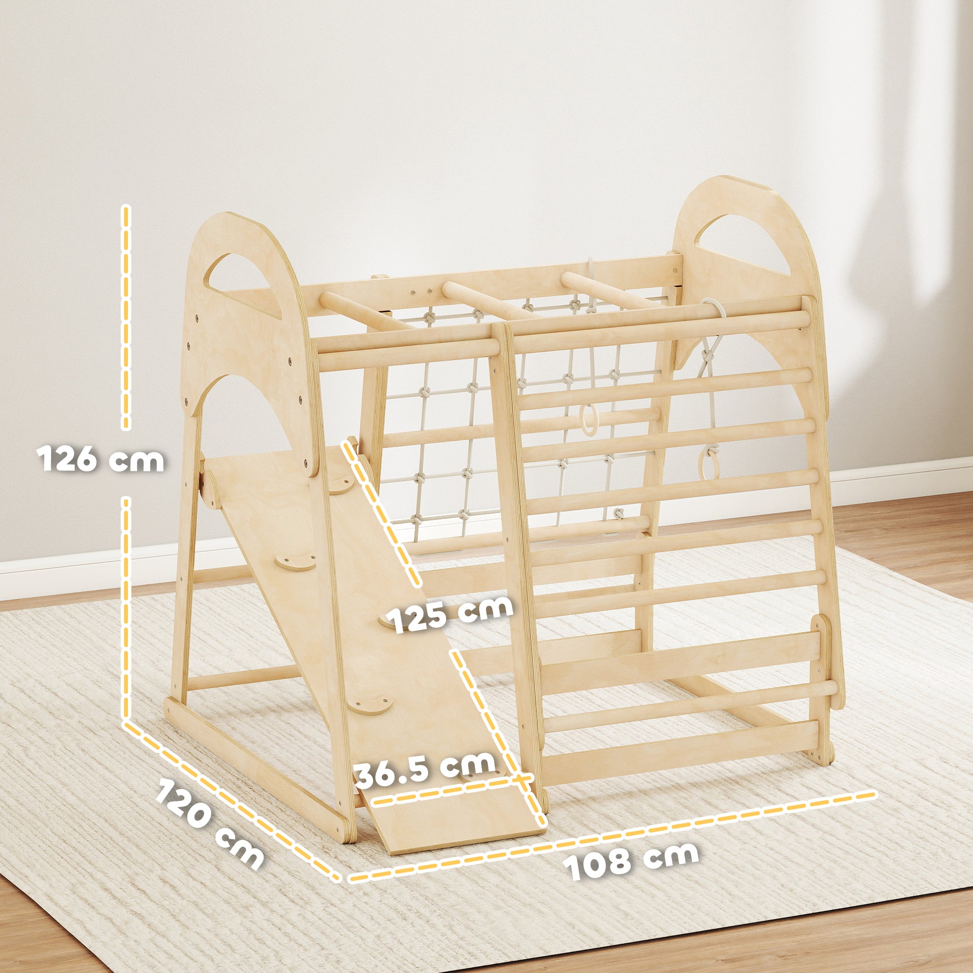AIYAPLAY 6 in 1 Kids Climbing Frame with Slide, Monkey Bars, Gymnastics Rings, Ladder, Climbing Net, for 3-6 Years, Natural Tone 