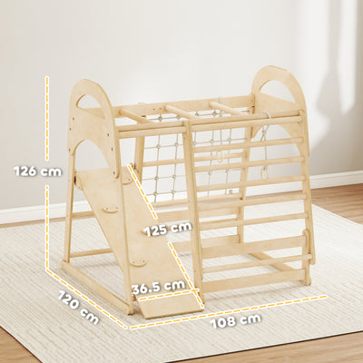 AIYAPLAY 6 in 1 Kids Climbing Frame with Slide, Monkey Bars, Gymnastics Rings, Ladder, Climbing Net, for 3-6 Years, Natural Tone 