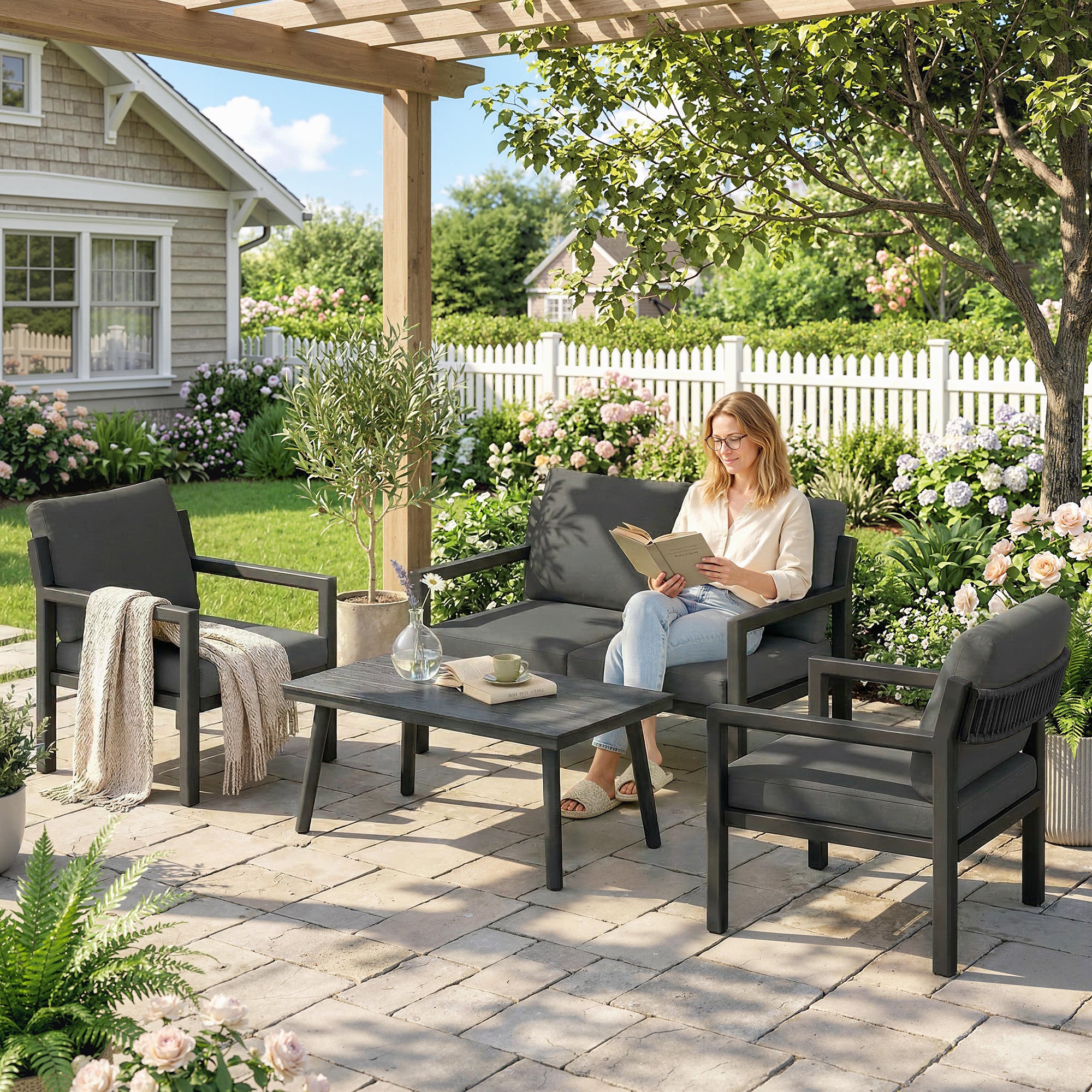 Outsunny 4 Seater Rattan Garden Furniture Set with 2 Armchairs, Loveseat, Coffee Table, Garden Sofa Set with Cushions, Dark Grey 