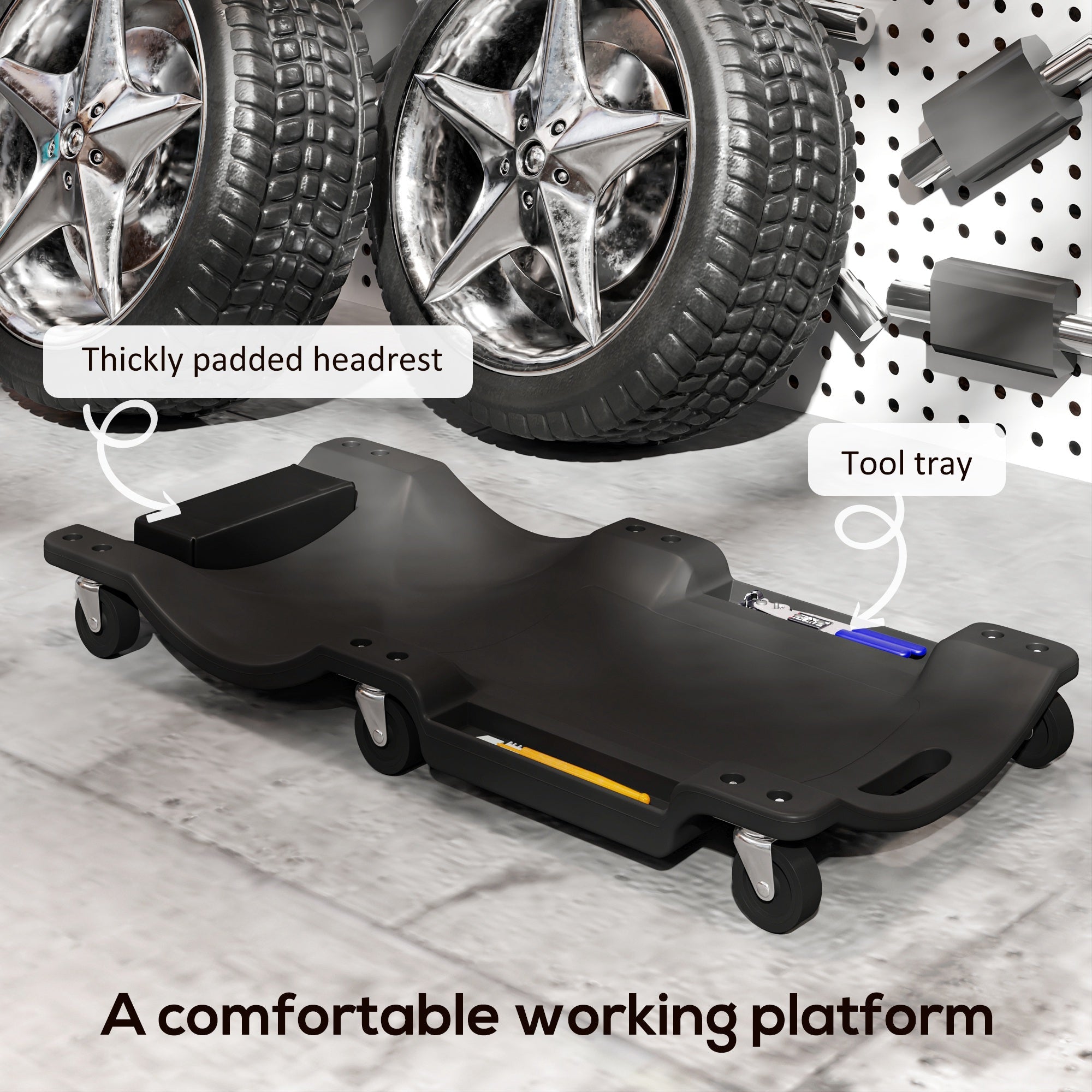 DURHAND Mechanic Vehicle Creeper Under Car Repair Padded Headrest Rolling Moulded Workshop Garage Assistance with Tool Tray, Black 