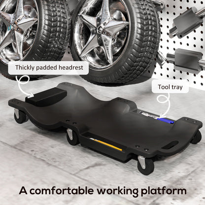DURHAND Mechanic Vehicle Creeper Under Car Repair Padded Headrest Rolling Moulded Workshop Garage Assistance with Tool Tray, Black 