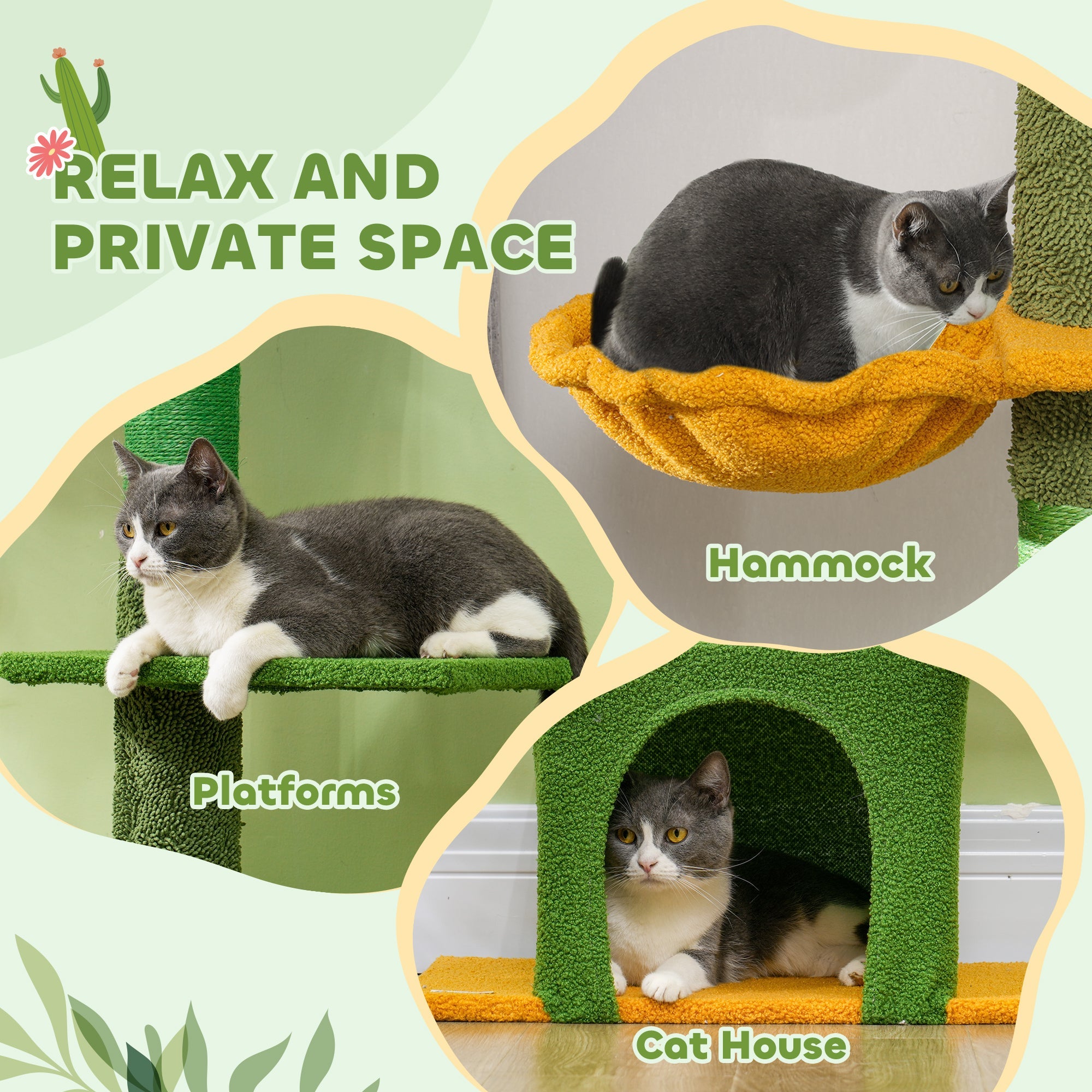 PawHut 230-275cm Floor-to-Ceiling Adjustable Cat Tree with Scratching Posts, Hammock 