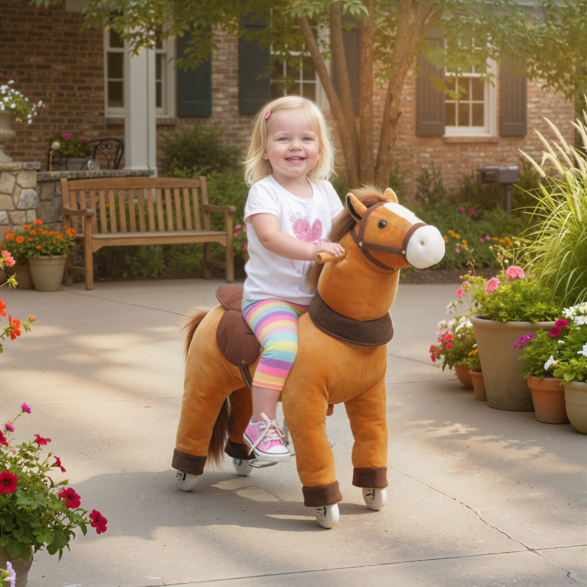 AIYAPLAY Ride On Horse, Plush Walking Horse Toy with Wheels and Saddle for Ages 3-5 Years Old, Brown 