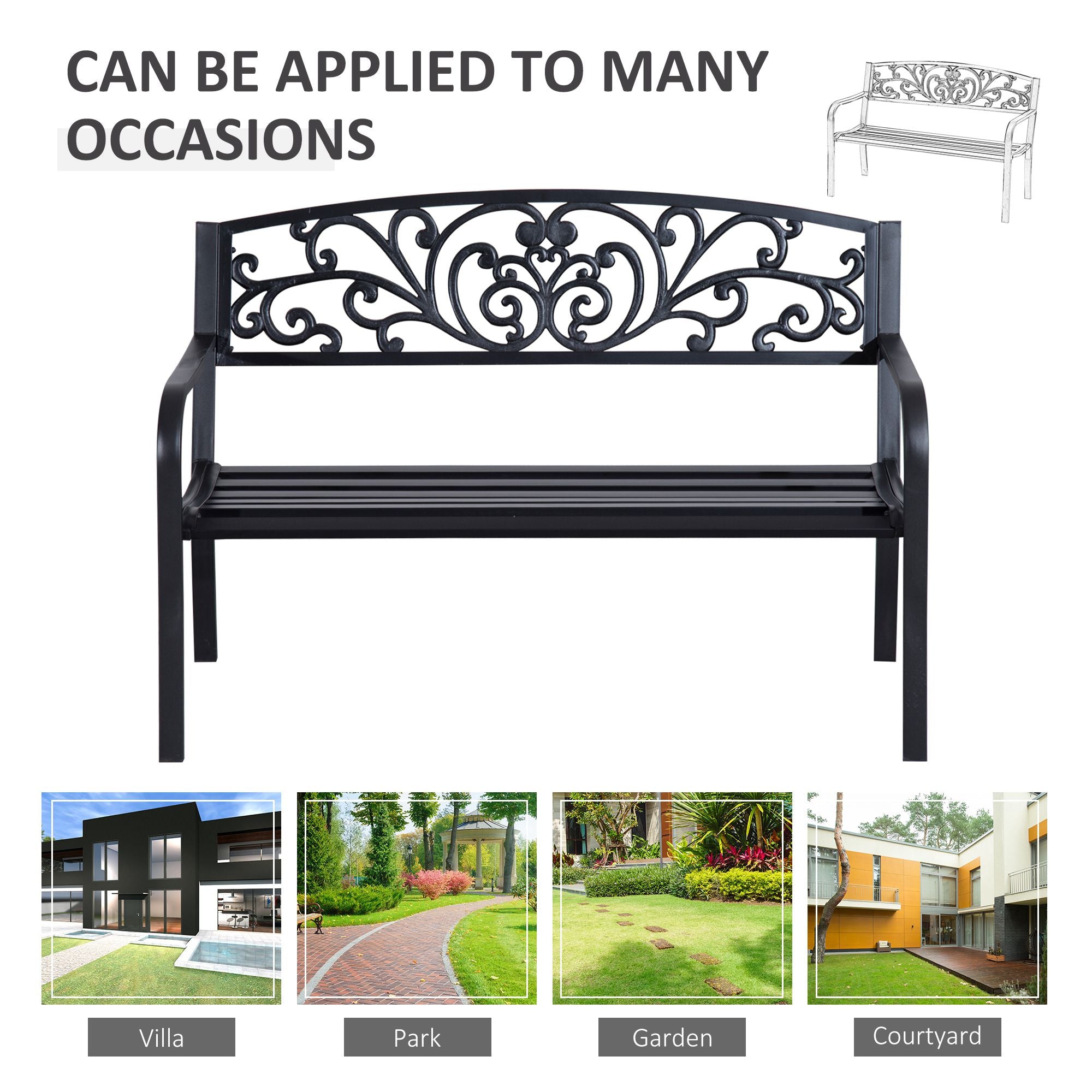 Outsunny 2-Seater Garden Bench, Steel-Black 