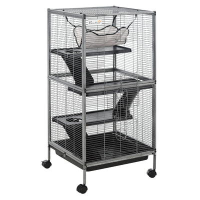 PawHut Small Animal Cage with Wheels Pet Home for Chinchillas Ferrets Kittens, with Hammock, 4 Platforms, Removable Tray, Silver 